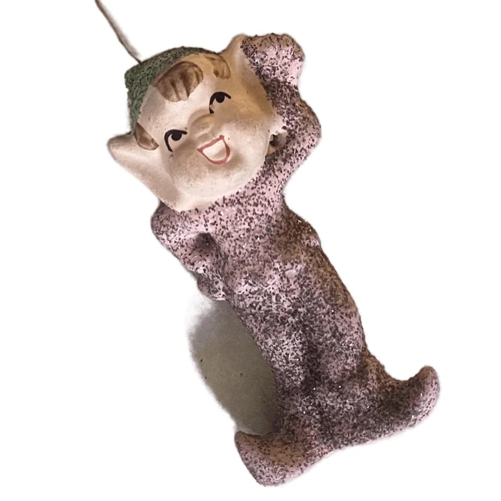 Vintage Christmas Ornament Pixie Elf Antique Japan Pink Mica Glitter 40’s 50’s